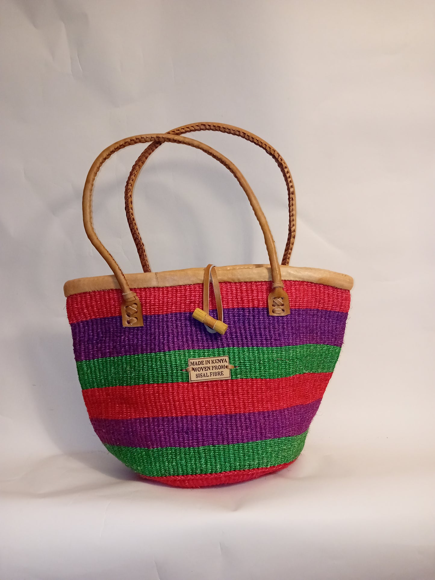 Multicoloured Handwoven Kenya large basket with leather toggle