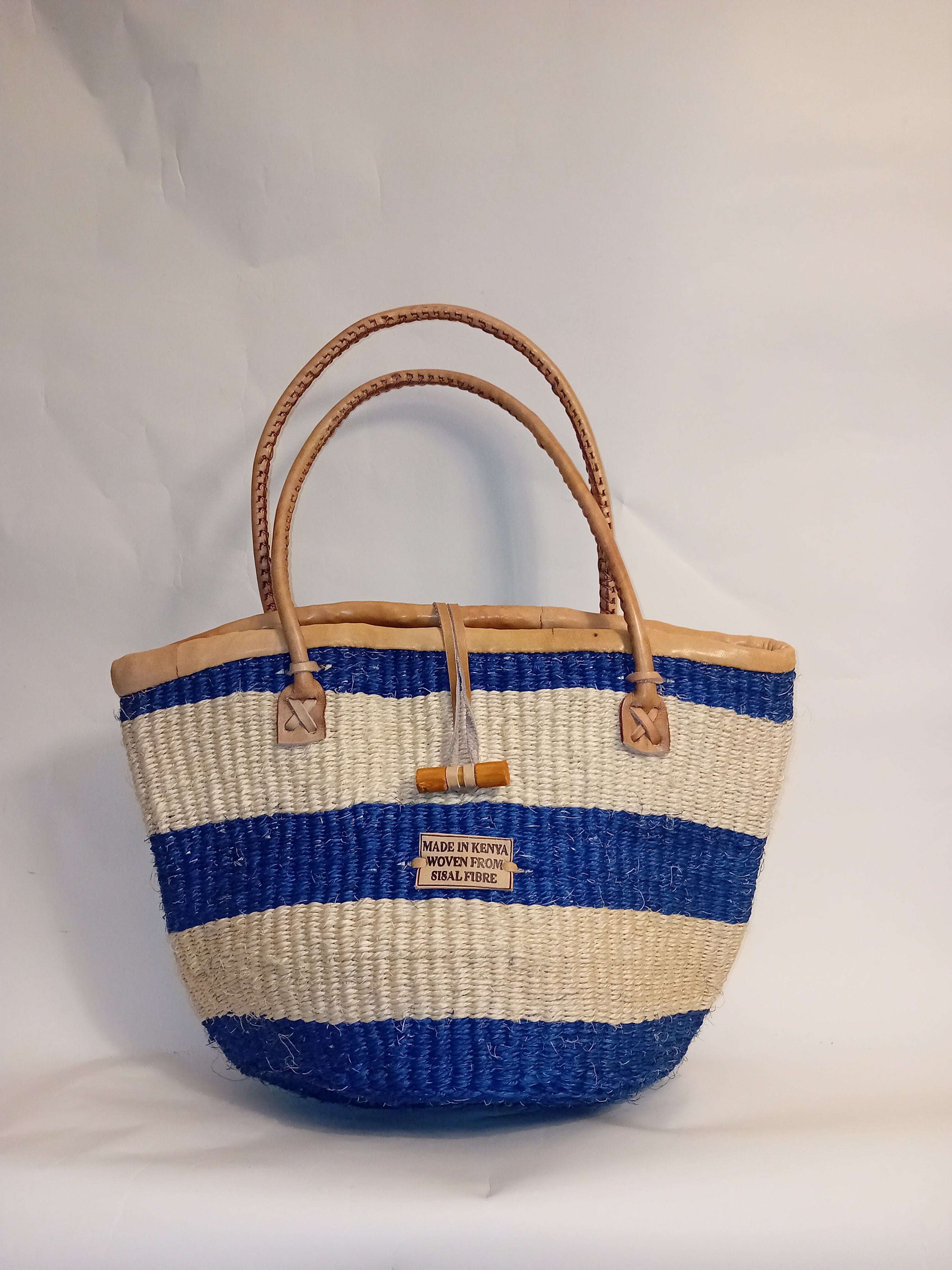 Multicoloured Handwoven Kenya large basket with leather toggle