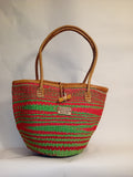 Multicoloured Handwoven Kenya large basket with leather toggle