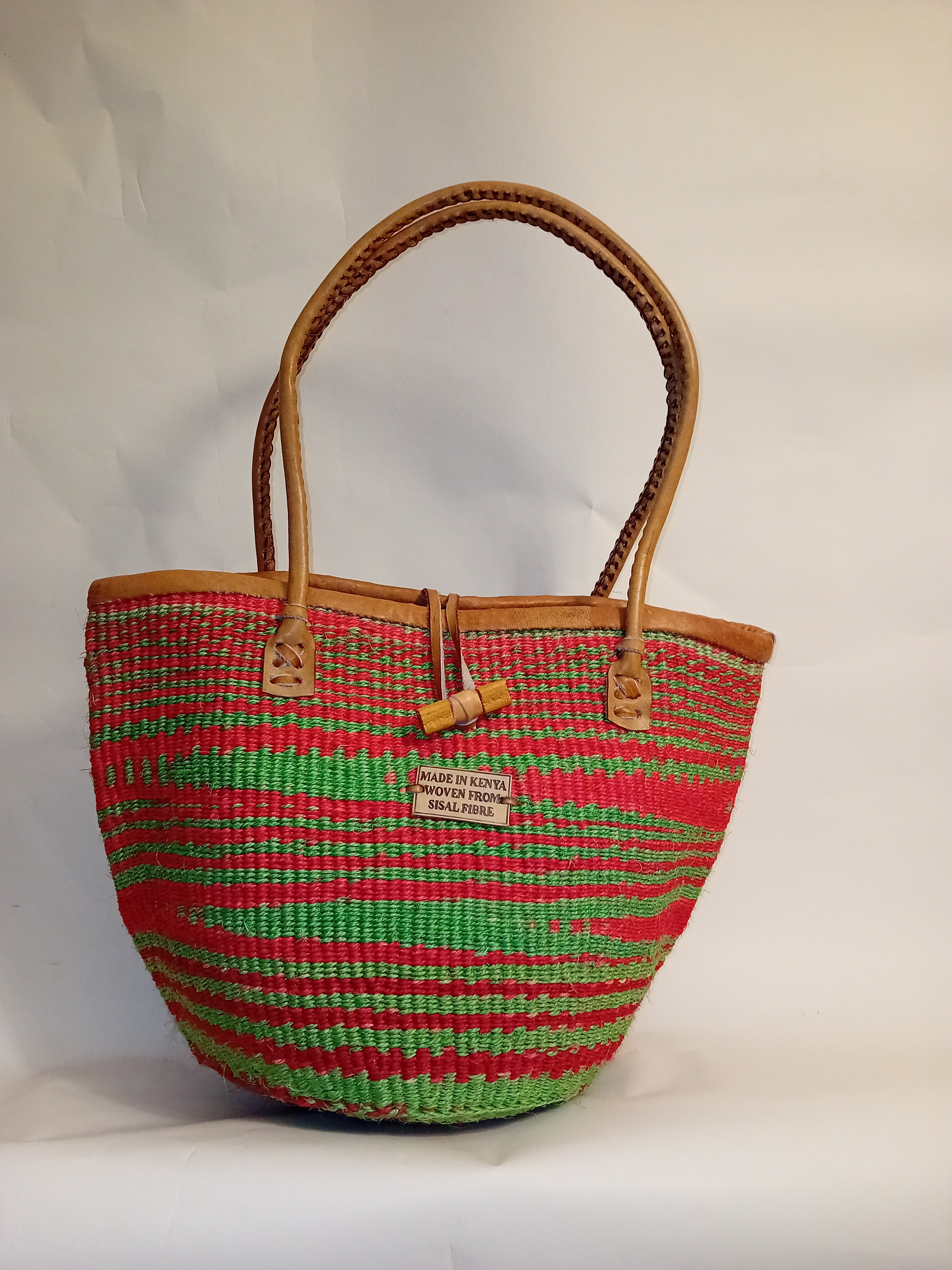 Multicoloured Handwoven Kenya large basket with leather toggle