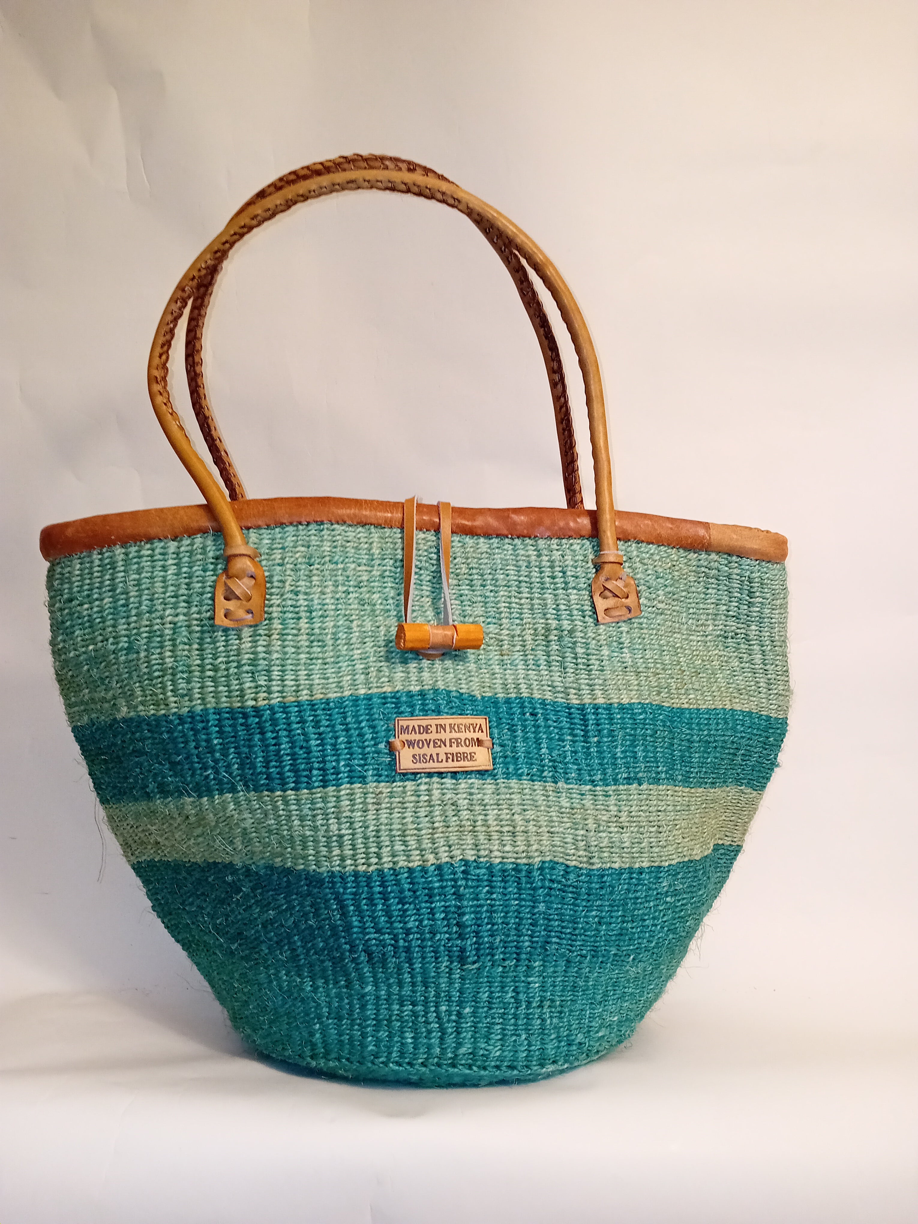 Multicoloured Handwoven Kenya large basket with leather toggle