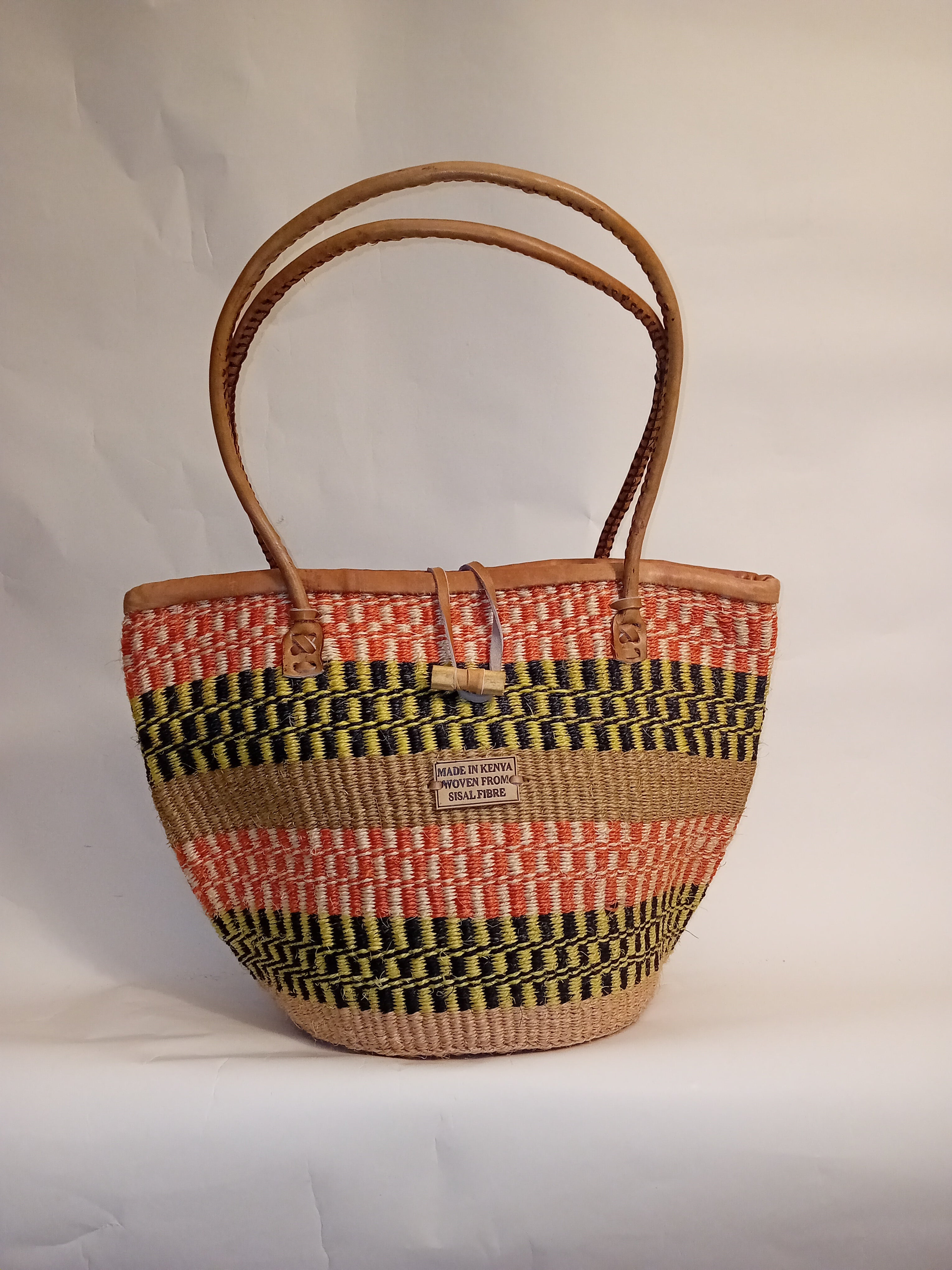 Multicoloured Handwoven Kenya large basket with leather toggle