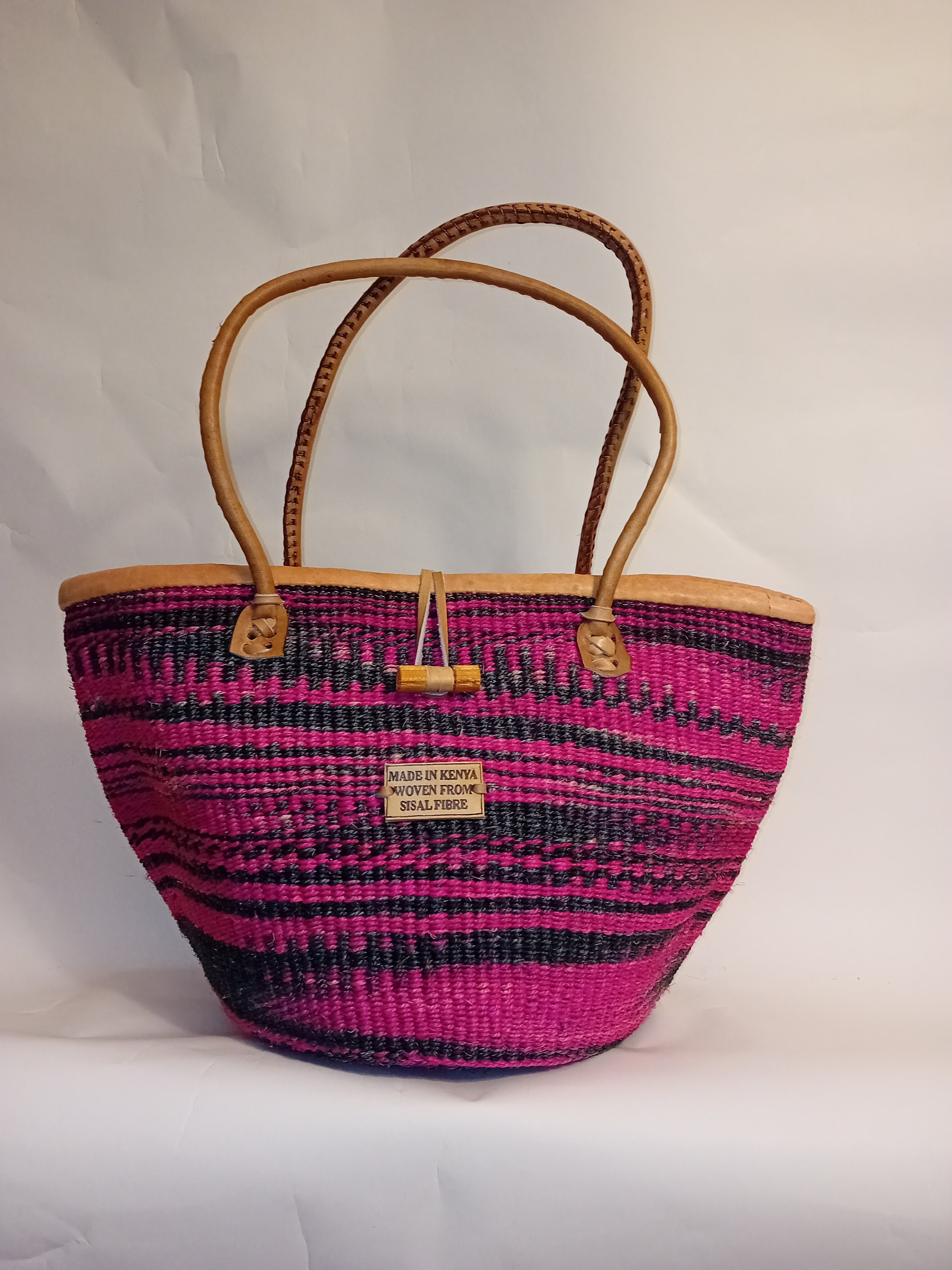 Multicoloured Handwoven Kenya large basket with leather toggle