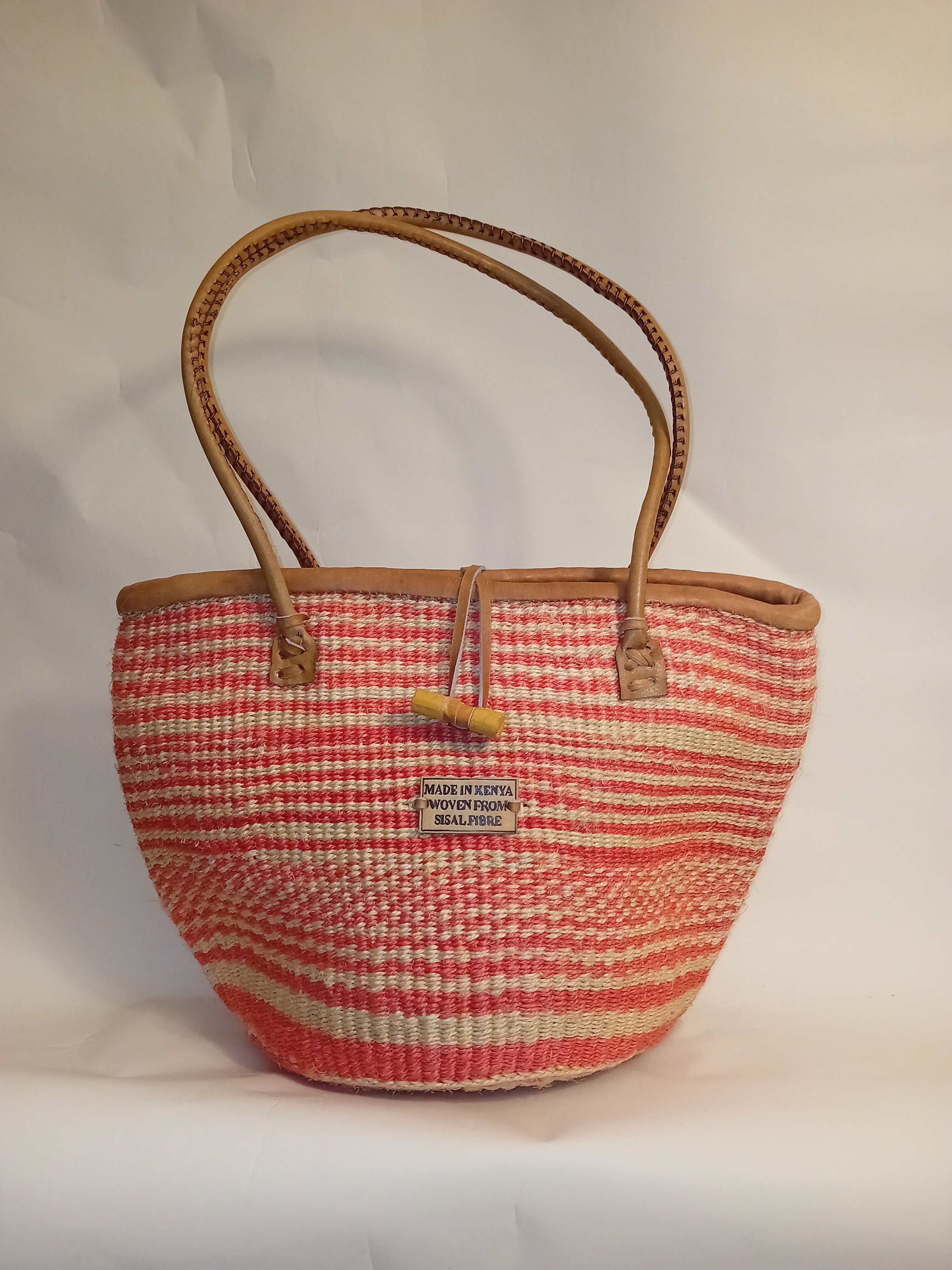 Multicoloured Handwoven Kenya large basket with leather toggle