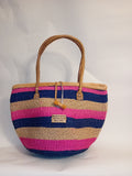 Multicoloured Handwoven Kenya large basket with leather toggle