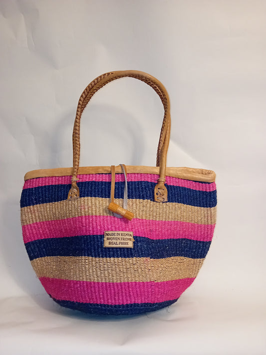Multicoloured Handwoven Kenya large basket with leather toggle