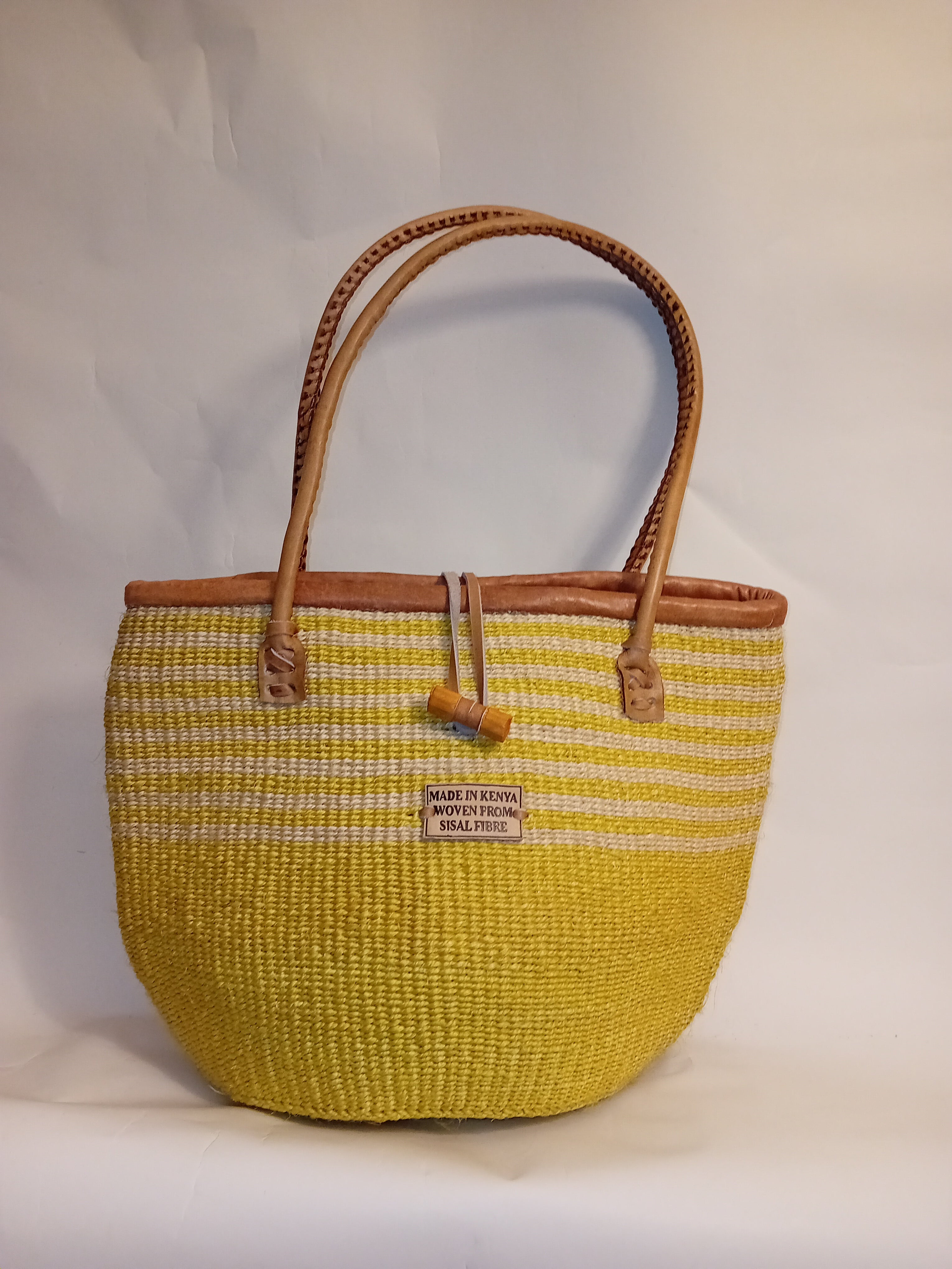 Multicoloured Handwoven Kenya large basket with leather toggle