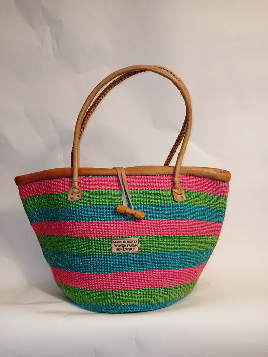 Multicoloured Handwoven Kenya large basket with leather toggle