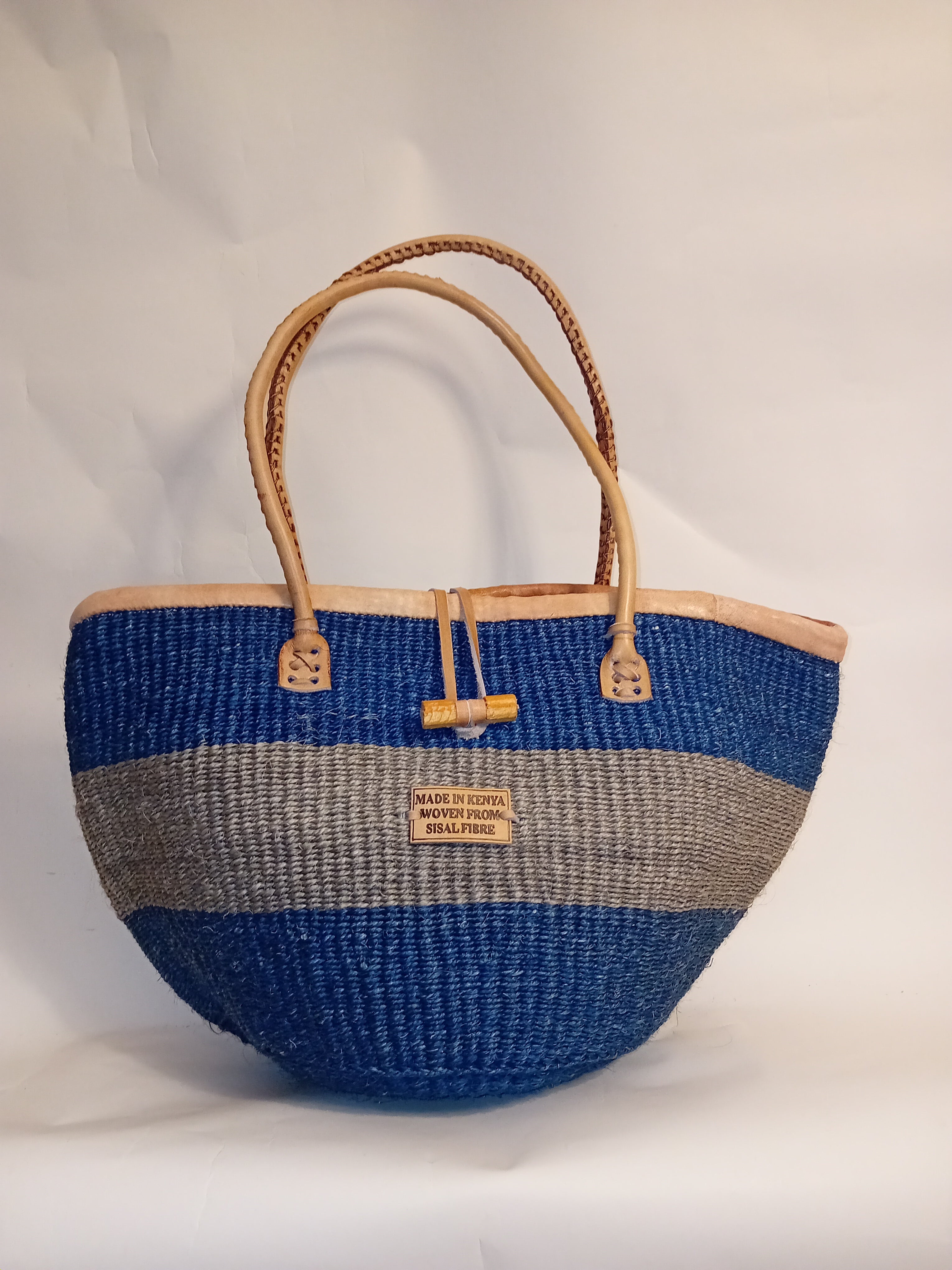 Multicoloured Handwoven Kenya large basket with leather toggle