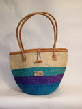 Multicoloured Handwoven Kenya large basket with leather toggle