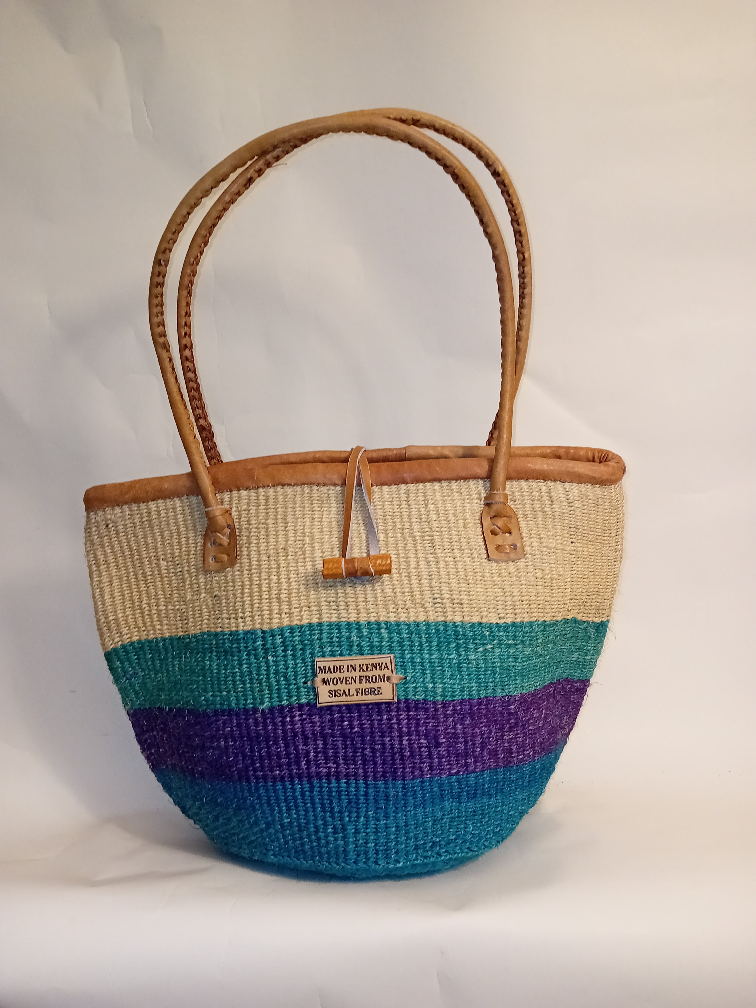 Multicoloured Handwoven Kenya large basket with leather toggle