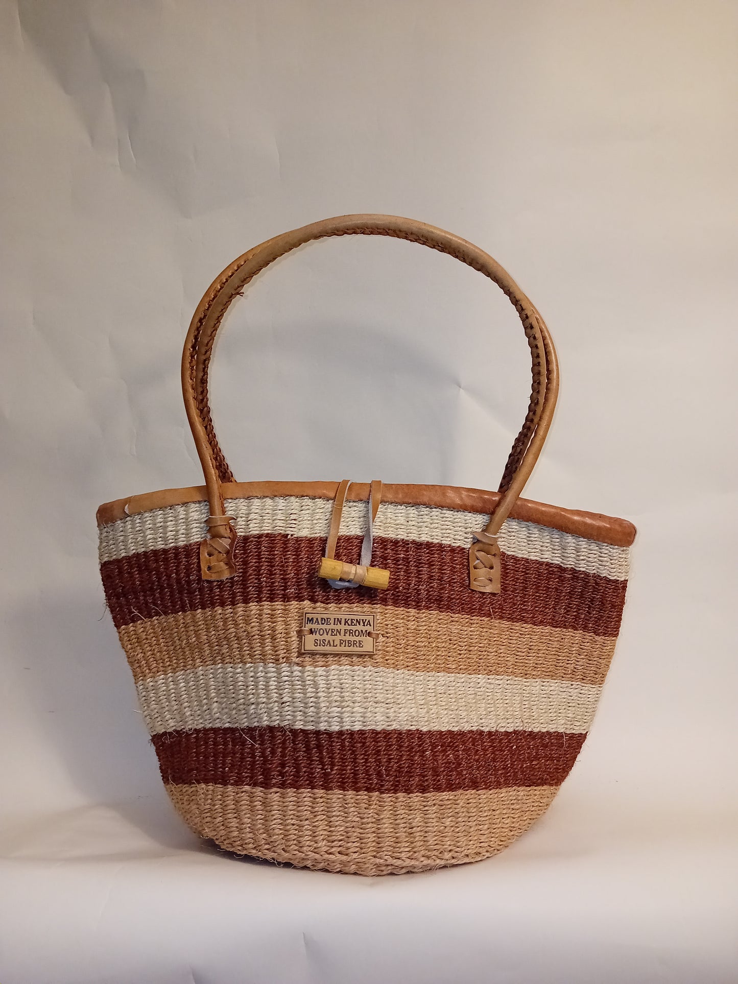 Multicoloured Handwoven Kenya large basket with leather toggle