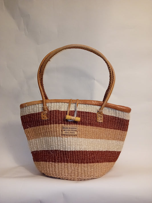 Multicoloured Handwoven Kenya large basket with leather toggle