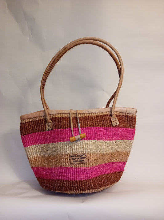 Multicoloured Handwoven Kenya large basket with leather toggle