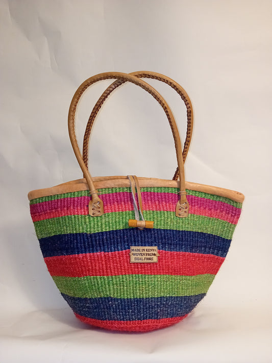 Multicoloured Handwoven Kenya large basket with leather toggle