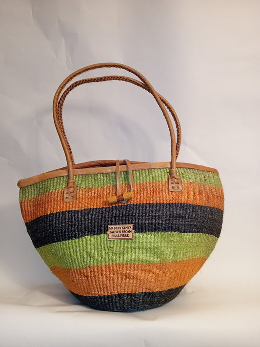Multicoloured Handwoven Kenya large basket with leather toggle