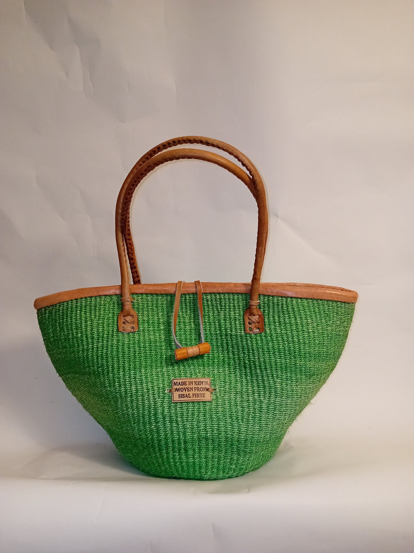 Multicoloured Handwoven Kenya large basket with leather toggle
