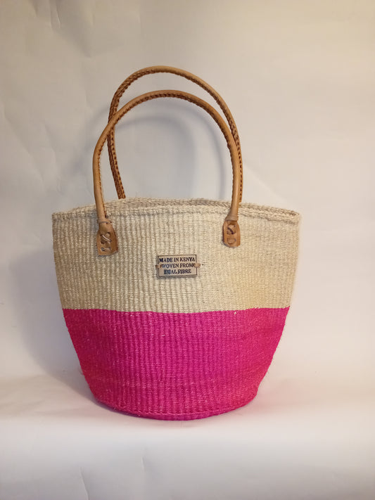 Coloured Handwoven Kenyan large basket bag with leather handles