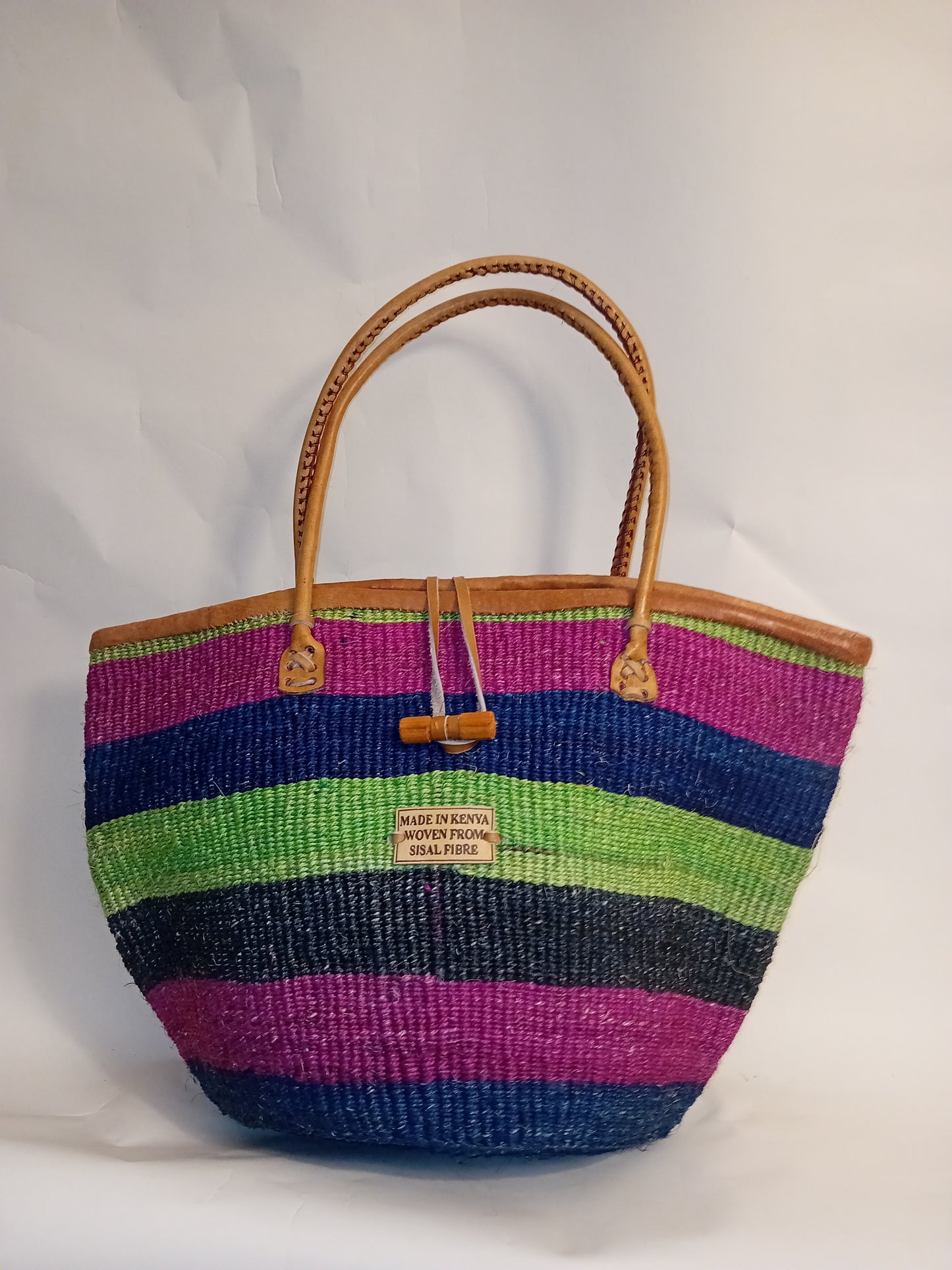 Multicoloured Handwoven Kenyan large basket bag with leather trim and toggle