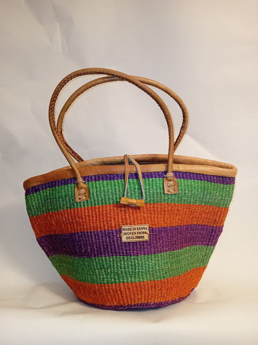 Multicoloured Handwoven Kenyan large basket bag with leather trim and toggle