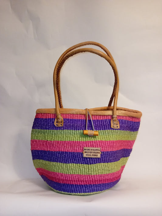 Multicoloured Handwoven Kenyan large basket bag with leather trim and toggle